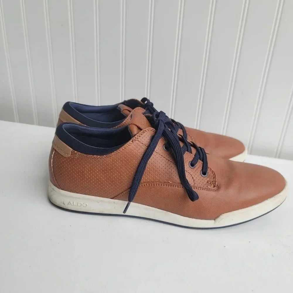 Aldo Flex Men's Size 10 Brown Tan Navy Leather Dress Shoes Rubber Sole Lace Up